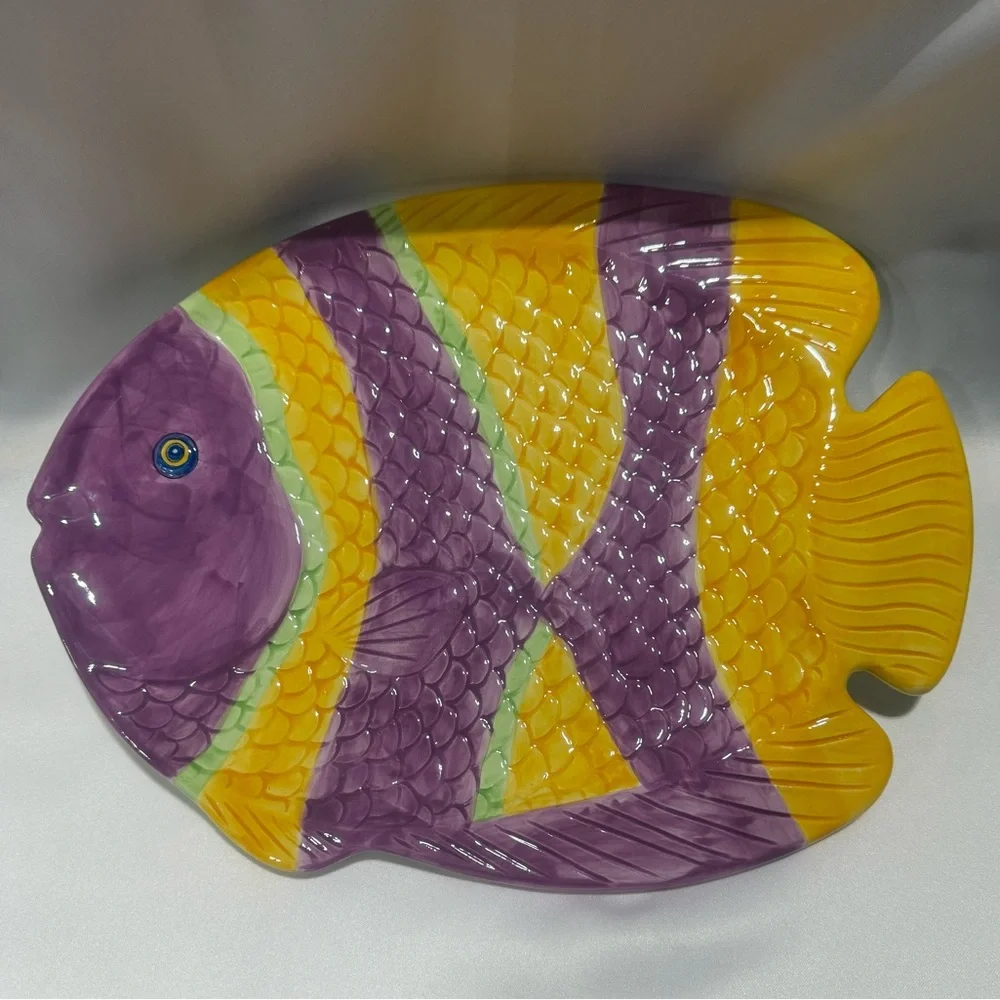 Vintage Hand Painted Ceramic Fish Large Yellow/Purpl Serving Platter 14 3/4 x 11